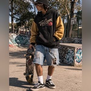 Volcom Men's Two-Tone Black and Mustard Pullover Hoodie Size Small
